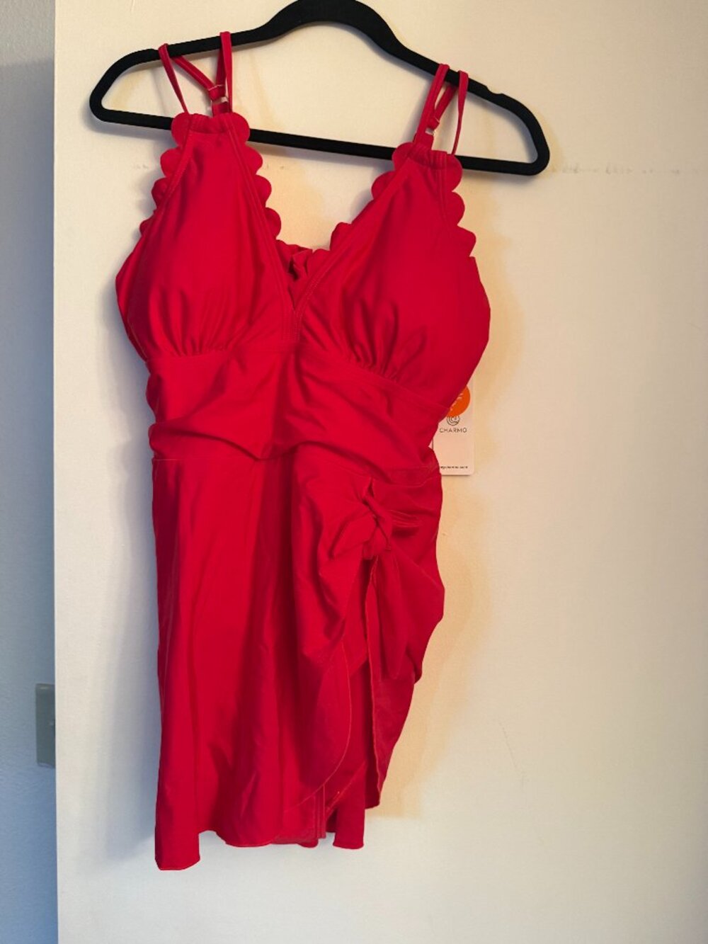 NWT Charmo Women's Scalloped V-Neck Swimdress Swimsuit Red Tummy Control XL